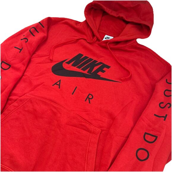 Nike Air Men’s Large Red Pullover Hoodie Just Do It Sleeve Hits Drawstring EUC - Picture 1 of 6
